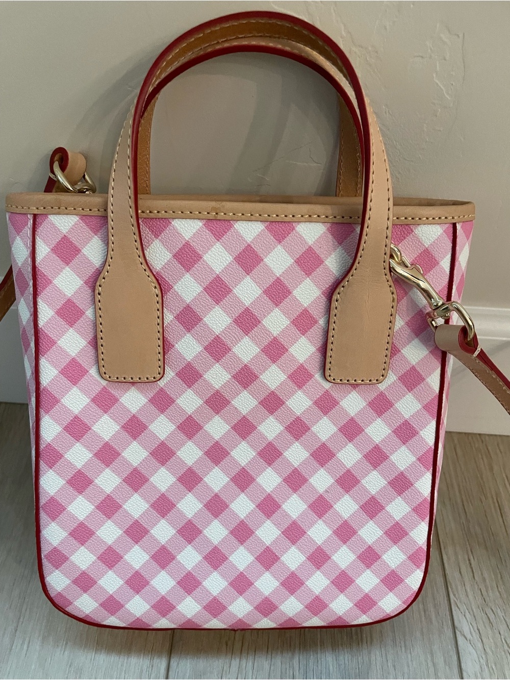 Dooney & Bourke Pink Gingham Crossbody with Tan Leather Trim - Picture 5 of 12
